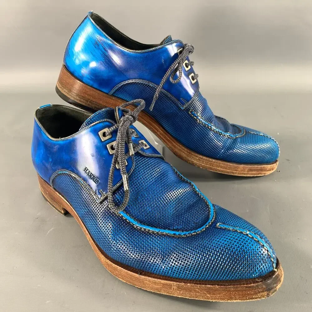 CALZOLERIA HARRIS Size 9 Blue Cobalt Grid Leather Split Toe Lace Up Shoes